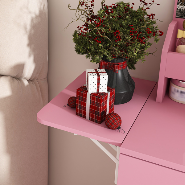 带LED镜灯和电源插座充电站的梳妆台，带3个抽屉、7个搁板和储物凳的化妆梳妆台，适合女孩和女士（粉色）-26