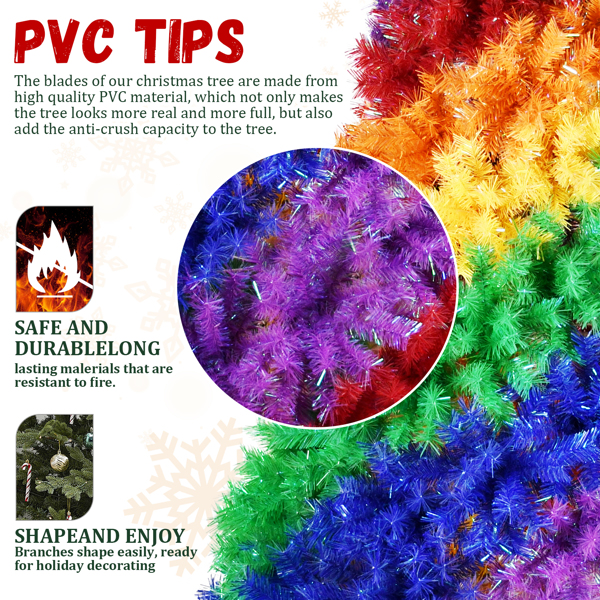 6英尺彩虹螺旋圣诞树，1248个枝梢，彩色PVC人造节日树，独特螺旋设计，树形饱满茂盛，配有坚固的金属支架，适用于室内圣诞装饰-9