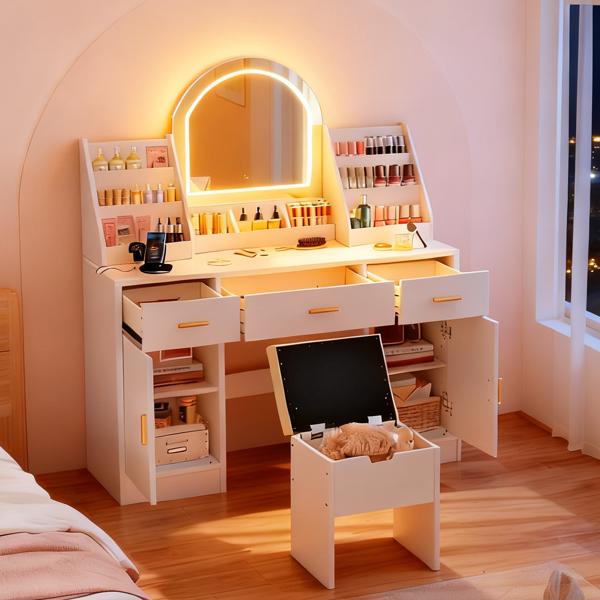 47.2英寸化妆台，带镜子和灯，梳妆台配有软垫储物凳，梳妆台带有两个收纳架、3个抽屉和2个柜子，适用于卧室，白色-2
