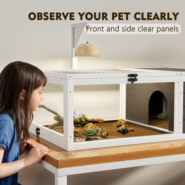 爬行动物栖息地龟屋，带灯架、3个亚克力观察窗、2个防水托盘、可锁定顶盖，易于清洁的木制饲养箱，适用于乌龟、蜥蜴、蛇和小宠物--不支持self-pick up-7