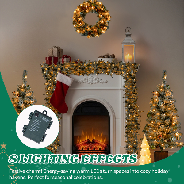 21in 9FT 3FT  绿色植绒  花环 藤条 圣诞树 套装 带金银色配饰 松果  760枝头 230LED暖白8模式 带遥控 PVC  电池盒控制 圣诞树-7