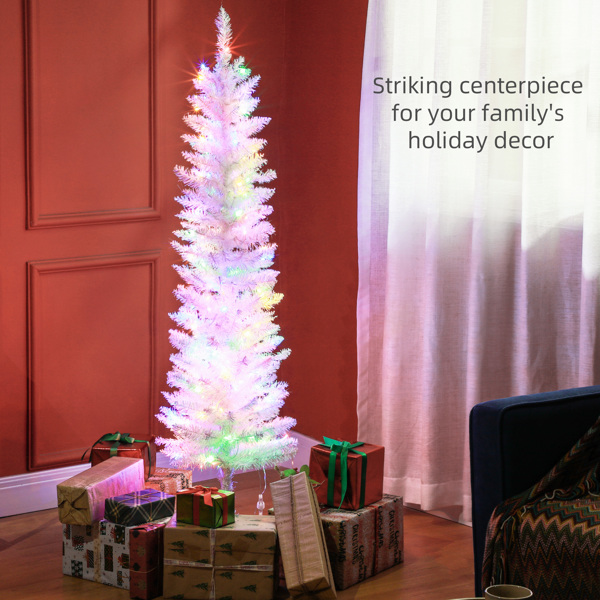 5英尺高铅笔形预亮灯人造圣诞树，节日装饰，带250根彩色表面树枝和150个彩色LED灯，白色-2