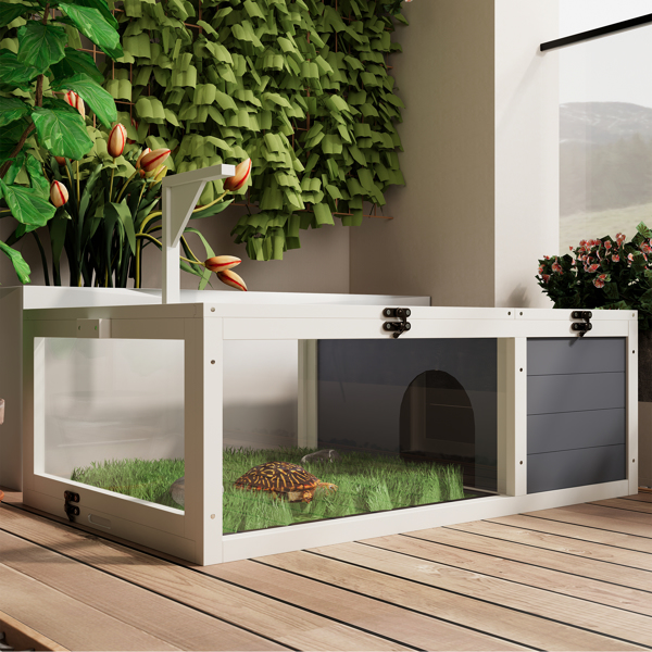 爬行动物栖息地龟屋，带灯架、3个亚克力观察窗、2个防水托盘、可锁定顶盖，易于清洁的木制饲养箱，适用于乌龟、蜥蜴、蛇和小宠物--不支持self-pick up-3