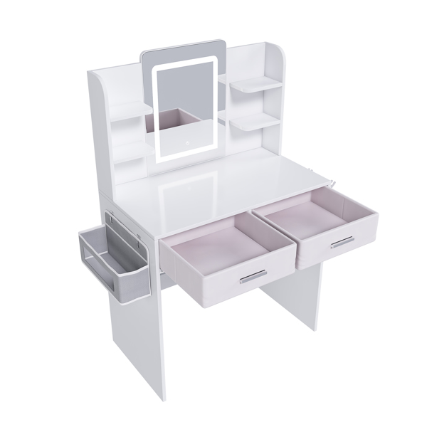 女士/女孩专用带灯LED镜面梳妆台 - 三色可调灯带、两个大抽屉、吹风机支架和无纺布收纳袋，化妆桌卧室家具-4