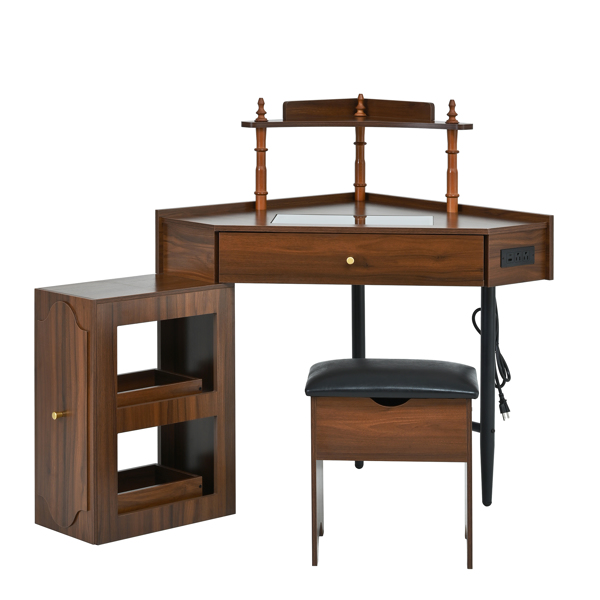 转角梳妆台套装，带储物软垫凳和充电站；三角形化妆台，带可拆卸拉出式侧柜；玻璃桌面化妆台，带抽屉和搁板；胡桃木色-9