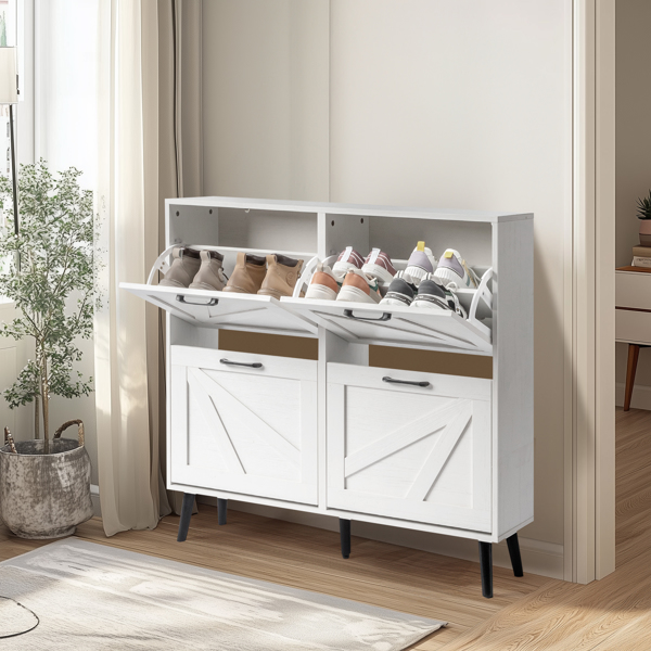 谷仓门4翻斗 金属黑色一字把手+三胺刨花板 +黑色实木塑封锥形腿 鞋柜 106*24*98cm 做旧白-2