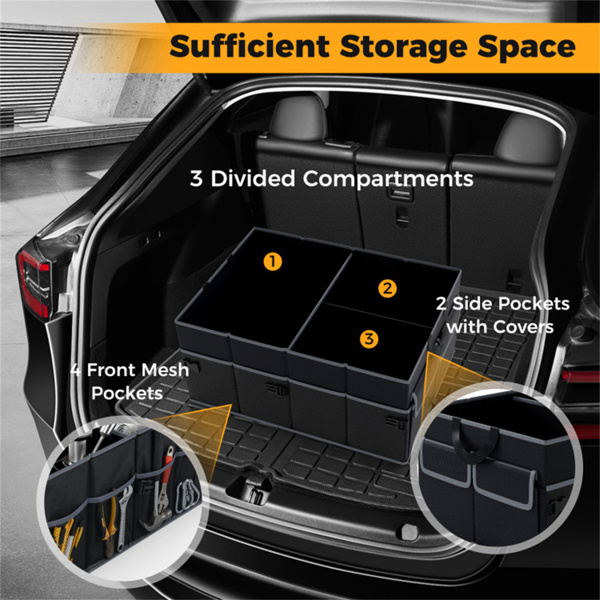 13加仑汽车后备箱收纳器-3个隔间+6个口袋，600D牛津布，防滑底座，黑色-6