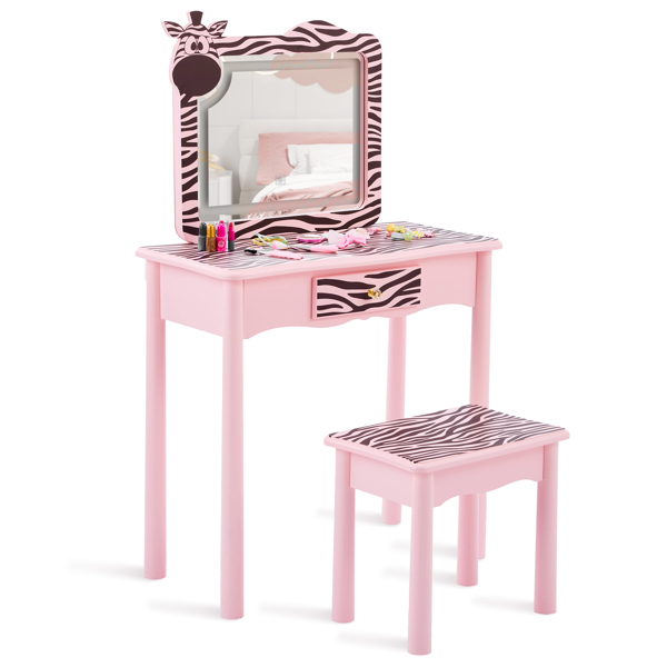 马卡龙粉 密度板+实木腿 喷漆+丝印 斑马 1抽 儿童梳妆桌套装 LED三色调光触摸开关-8