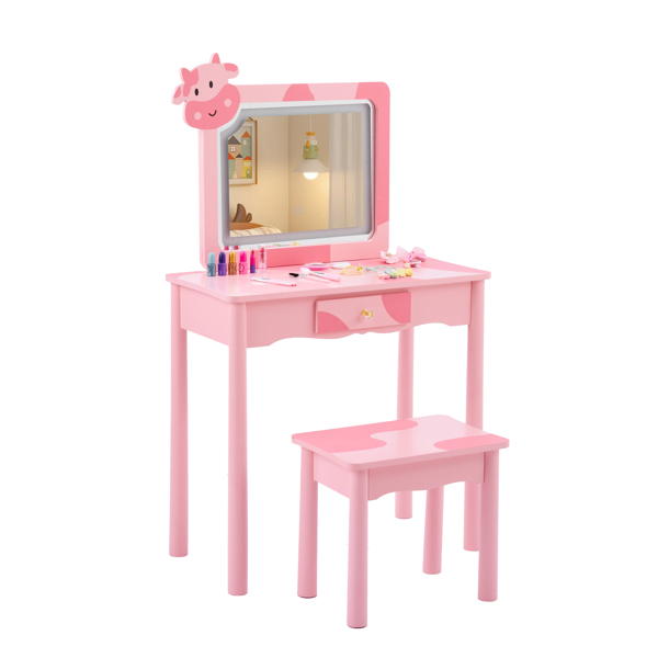 粉色 密度板+实木腿 喷漆+丝印 奶牛 1抽 儿童梳妆桌套装 LED三色调光触摸开关-10