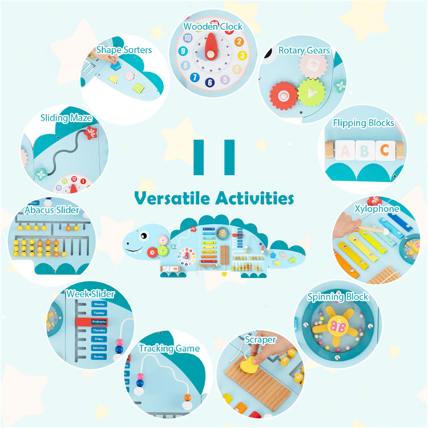 11合1恐龙活动墙忙碌板面板——木质感官玩具蓝色-7