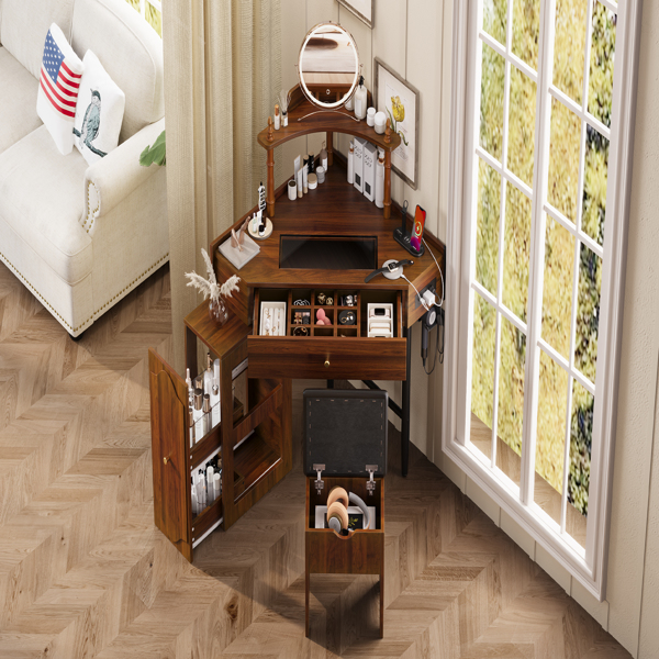 转角梳妆台套装，带储物软垫凳和充电站；三角形化妆台，带可拆卸拉出式侧柜；玻璃桌面化妆台，带抽屉和搁板；胡桃木色-5