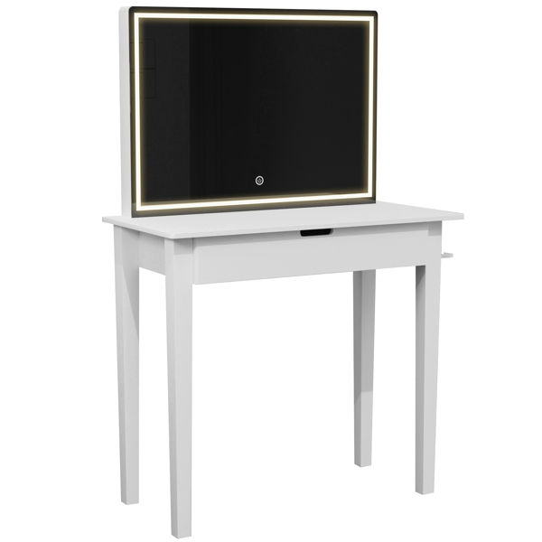 带镜子的梳妆台套装，化妆桌配有一个抽屉，可收纳化妆品，卧室梳妆台配有可调光LED灯和凳子，白色饰面-19