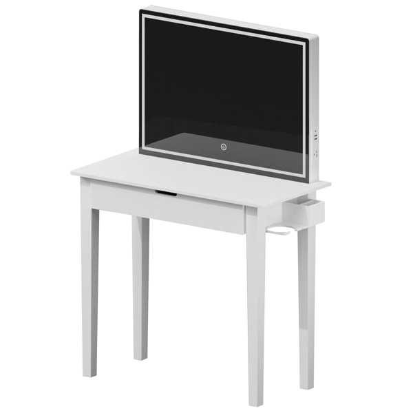 带镜子的梳妆台套装，化妆桌配有一个抽屉，可收纳化妆品，卧室梳妆台配有可调光LED灯和凳子，白色饰面-18