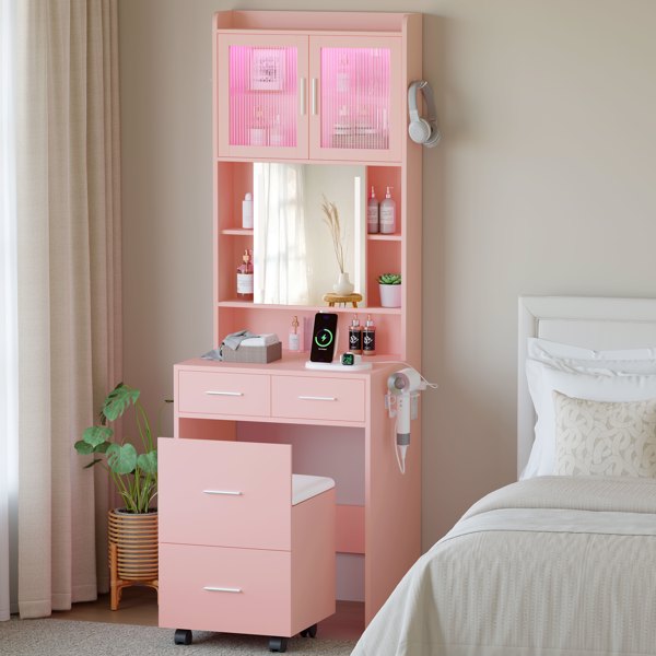 苹果粉 刨花板 贴麻面三胺 3抽2门 1LED3色调光可滑动镜 梳妆桌套装 带RGB灯带 1对羊角钩 排插 吹风机座 脚轮 小尺寸-1