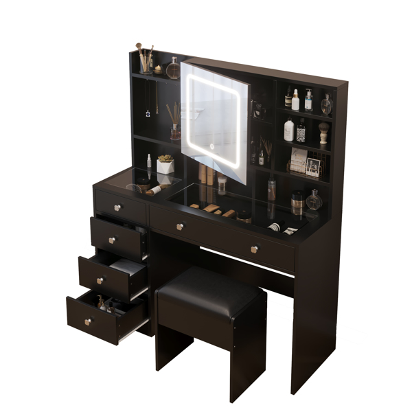 黑色 刨花板 钢化玻璃桌面 贴麻面三胺 5抽 带层架 带挂钩 带镜柜 梳妆桌套装 带排插 带LED三色调光镜-6