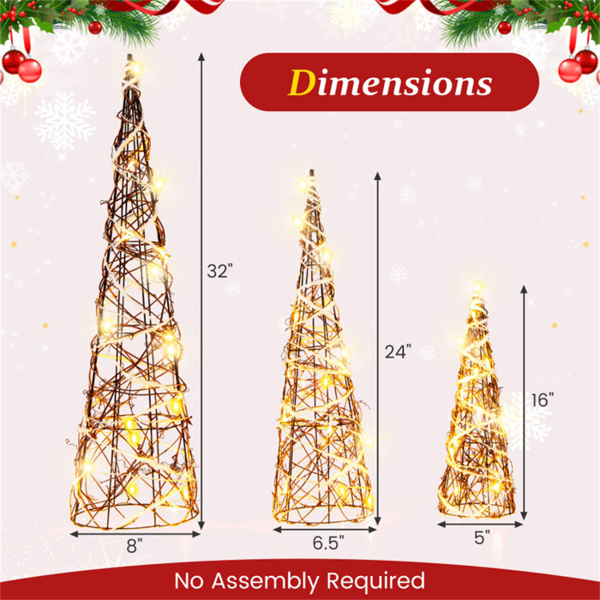 一套3棵预点燃的圣诞圆锥体树-60个暖白色LED，32英寸/24英寸/16英寸尺寸，棕色藤条-4