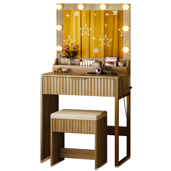 橡木色 刨花板 贴麻面三胺 1抽3格 梳妆桌套装 带8粒三色调光灯泡 排插 格栅系列-6