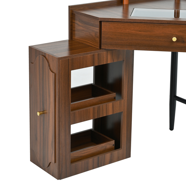 转角梳妆台套装，带储物软垫凳和充电站；三角形化妆台，带可拆卸拉出式侧柜；玻璃桌面化妆台，带抽屉和搁板；胡桃木色-7