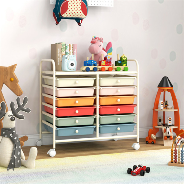12抽屉滚动储物车-2排10层，多色抽屉，4个轮子（2个制动器），白色框架-马卡龙颜色-7