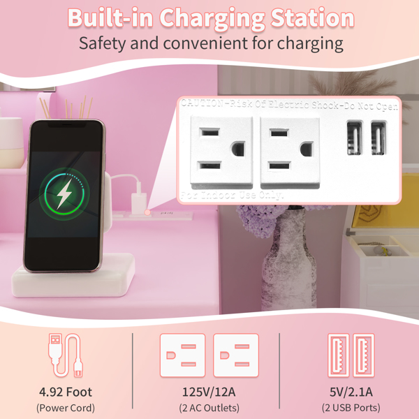 马卡龙粉 刨花板 贴麻面三胺 9抽2层架 1桌面收纳 梳妆桌套装 带三色调光灯泡 组合柜-6