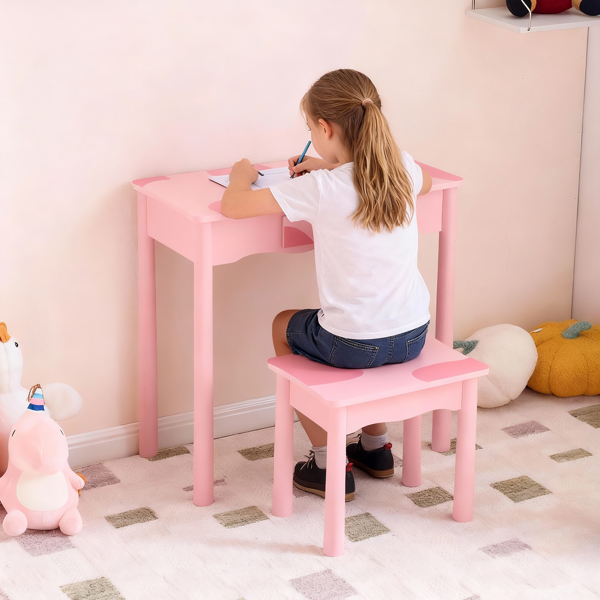 粉色 密度板+实木腿 喷漆+丝印 奶牛 1抽 儿童梳妆桌套装 LED三色调光触摸开关-9