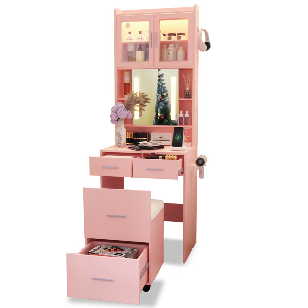 苹果粉 刨花板 贴麻面三胺 3抽2门 1LED3色调光可滑动镜 梳妆桌套装 带RGB灯带 1对羊角钩 排插 吹风机座 脚轮 小尺寸-6