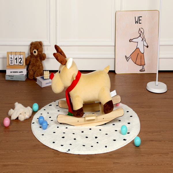 儿童骑乘摇摇马玩具，带摇篮曲，麋鹿造型，配有手偶和安全带，适合1-3岁儿童，柔软毛绒面料，杏色，通过CPC认证-5