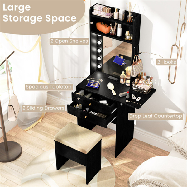 3色LED照明梳妆台，带充电站-可折叠化妆台和软垫凳子套装-10