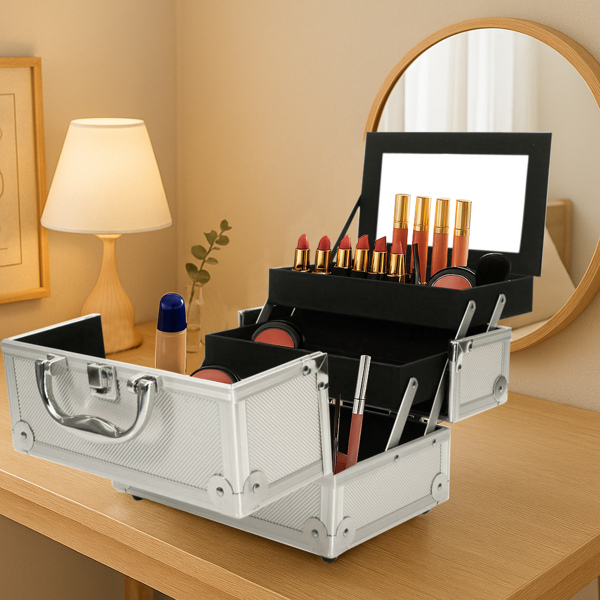 手提顶部双开带镜子 铝合金 银色 化妆箱 SM-2176-2