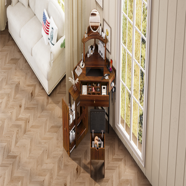 转角梳妆台套装，带储物软垫凳和充电站；三角形化妆台，带可拆卸拉出式侧柜；玻璃桌面化妆台，带抽屉和搁板；胡桃木色-19