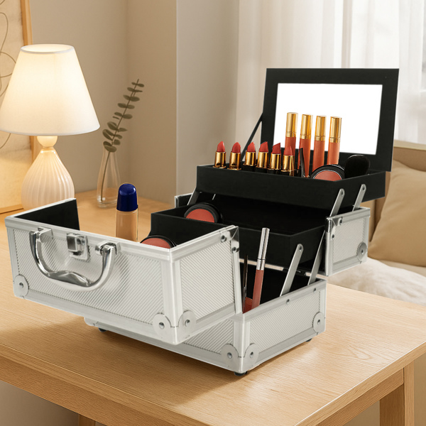 手提顶部双开带镜子 铝合金 银色 化妆箱 SM-2176-1