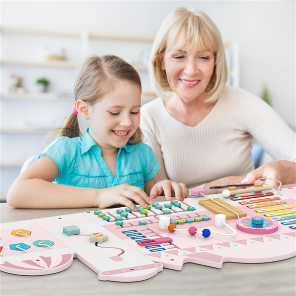 11合1蒙特梭利墙忙板（粉红色）-3+幼儿感官玩具，城堡风格，技能培养-7