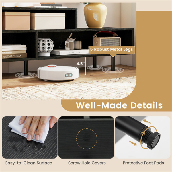 63英寸电视支架，适用于70英寸电视-3个分类隔间，乡村棕色/黑色/白色，工程木+金属-7