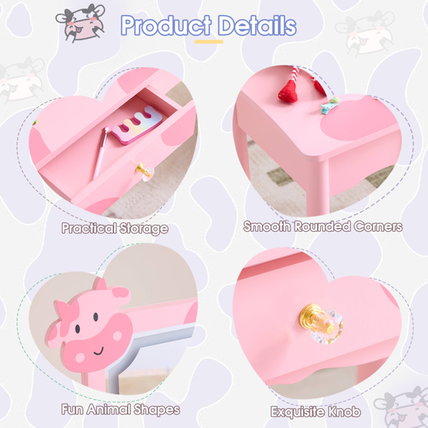 粉色 密度板+实木腿 喷漆+丝印 奶牛 1抽 儿童梳妆桌套装 LED三色调光触摸开关-7