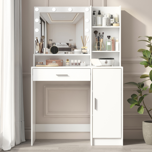 带镜子和灯的梳妆台，大抽屉三层储物柜，3种照明模式亮度可调，卧室梳妆台（白色）-6