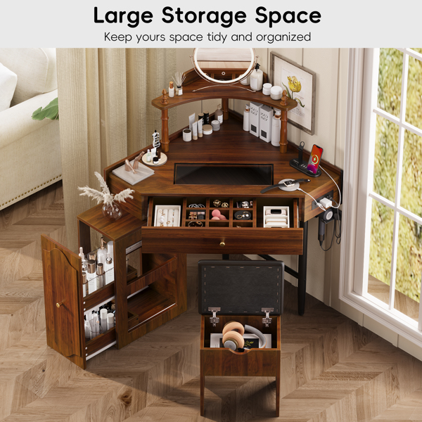 转角梳妆台套装，带储物软垫凳和充电站；三角形化妆台，带可拆卸拉出式侧柜；玻璃桌面化妆台，带抽屉和搁板；胡桃木色-22