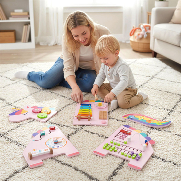 11合1恐龙活动墙忙碌板面板——木质感官玩具粉色-10