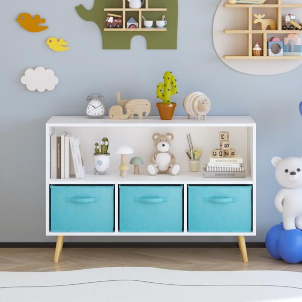 儿童书柜，带可折叠布艺抽屉，儿童书籍展示柜，玩具收纳柜，白色/蓝色--不支持自取-6