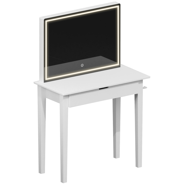 带镜子的梳妆台套装，化妆桌配有一个抽屉，可收纳化妆品，卧室梳妆台配有可调光LED灯和凳子，白色饰面-14