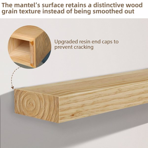 壁炉架，60英寸木质悬浮式壁炉架，壁挂式手工木支架，壁炉上方壁炉架，配有升级树脂端盖，60英寸宽 x 8英寸深 x 3英寸高，仿旧橡木-6