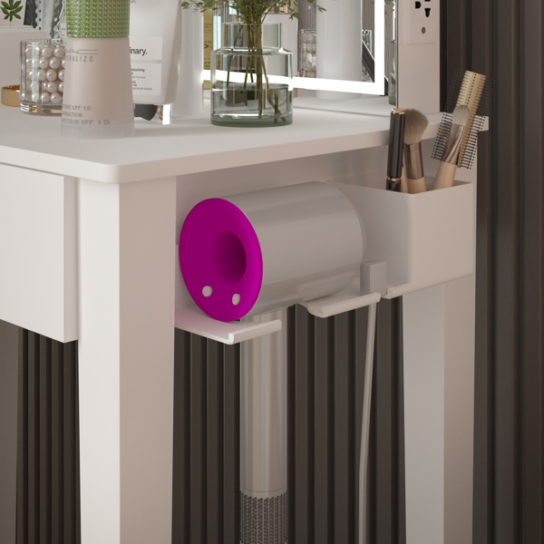 带镜子的梳妆台套装，化妆桌配有一个抽屉，可收纳化妆品，卧室梳妆台配有可调光LED灯和凳子，白色饰面-13