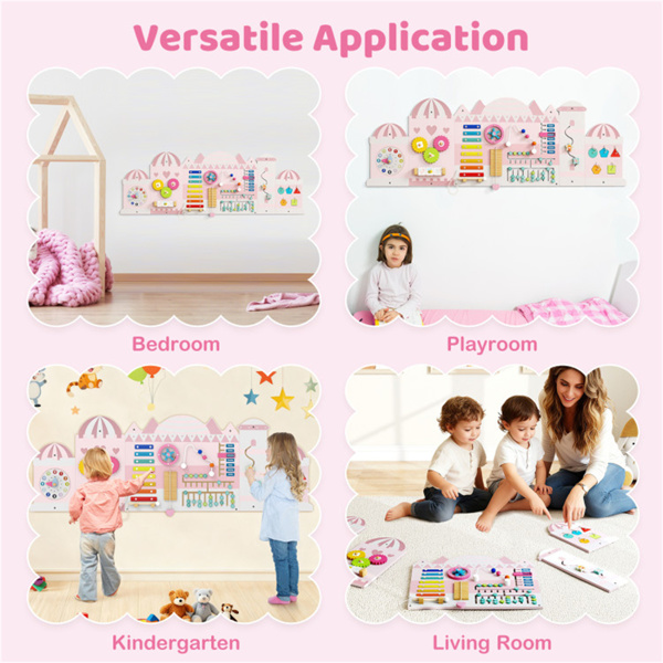 11合1蒙特梭利墙忙板（粉红色）-3+幼儿感官玩具，城堡风格，技能培养-11