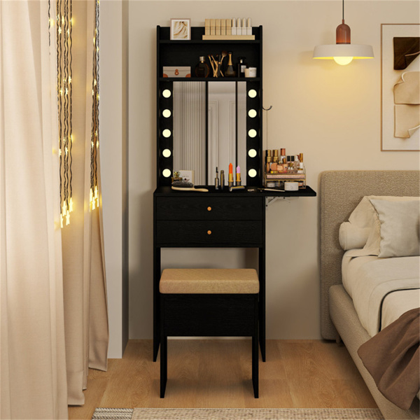 3色LED照明梳妆台，带充电站-可折叠化妆台和软垫凳子套装-3