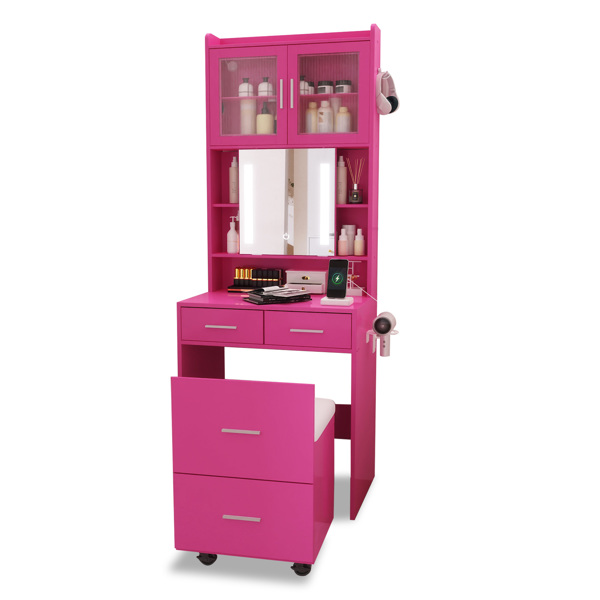 芭比粉 刨花板 贴麻面三胺 3抽2门 1LED3色调光可滑动镜 梳妆桌套装 带RGB灯带 1对羊角钩 排插 吹风机座 脚轮 小尺寸-4