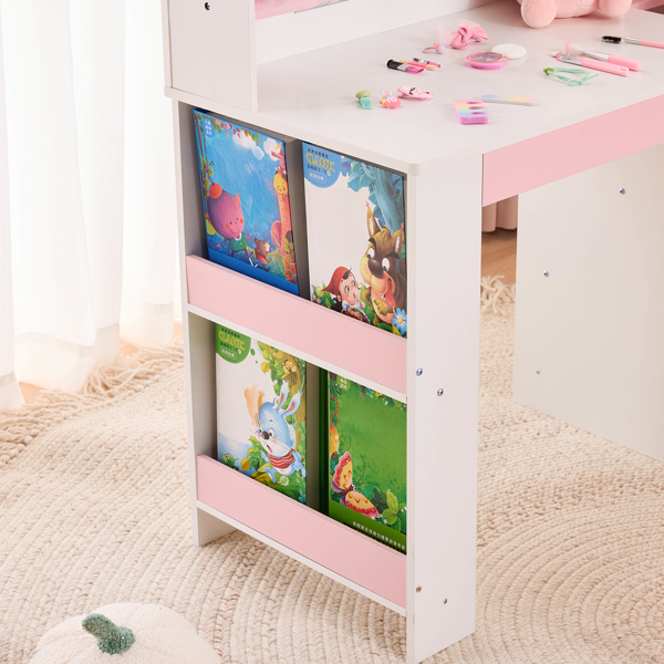 白色+粉色 星星城堡元素 密度板+刨花板  喷漆+丝印+贴三胺 1抽2布抽2层架 左侧2层收纳架 儿童梳妆桌套装-8