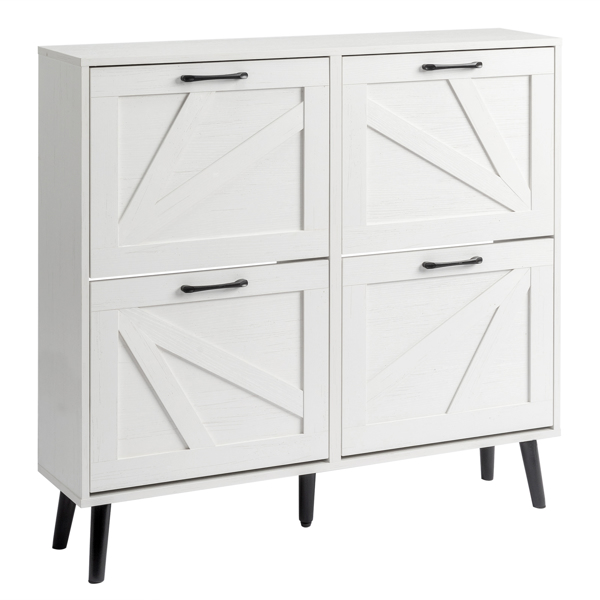 谷仓门4翻斗 金属黑色一字把手+三胺刨花板 +黑色实木塑封锥形腿 鞋柜 106*24*98cm 做旧白-3