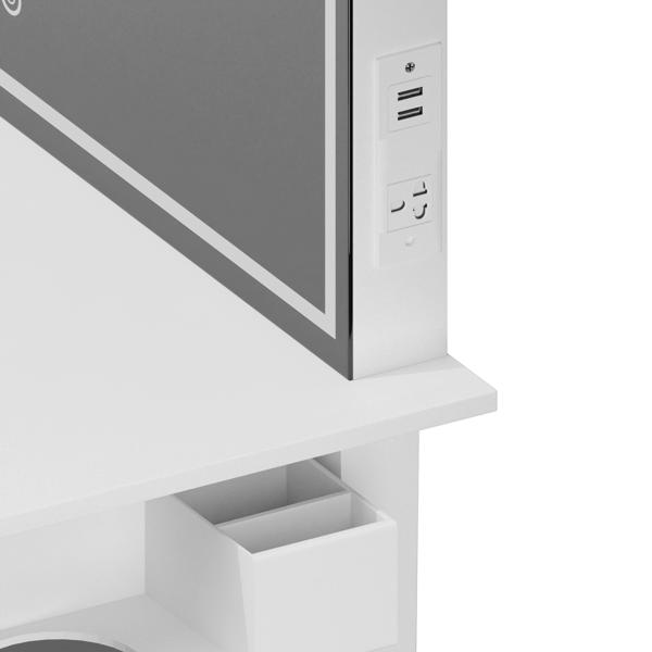 带镜子的梳妆台套装，化妆桌配有一个抽屉，可收纳化妆品，卧室梳妆台配有可调光LED灯和凳子，白色饰面-8