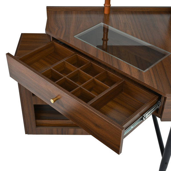 转角梳妆台套装，带储物软垫凳和充电站；三角形化妆台，带可拆卸拉出式侧柜；玻璃桌面化妆台，带抽屉和搁板；胡桃木色-11