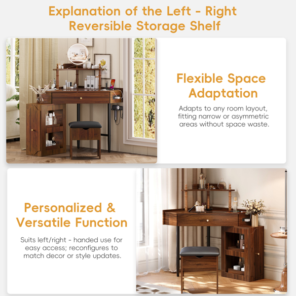 转角梳妆台套装，带储物软垫凳和充电站；三角形化妆台，带可拆卸拉出式侧柜；玻璃桌面化妆台，带抽屉和搁板；胡桃木色-23