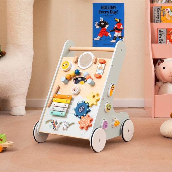 8合1木制婴儿学步车推拉学习活动中心，带轮子，适合1岁以上幼儿-绿色-6